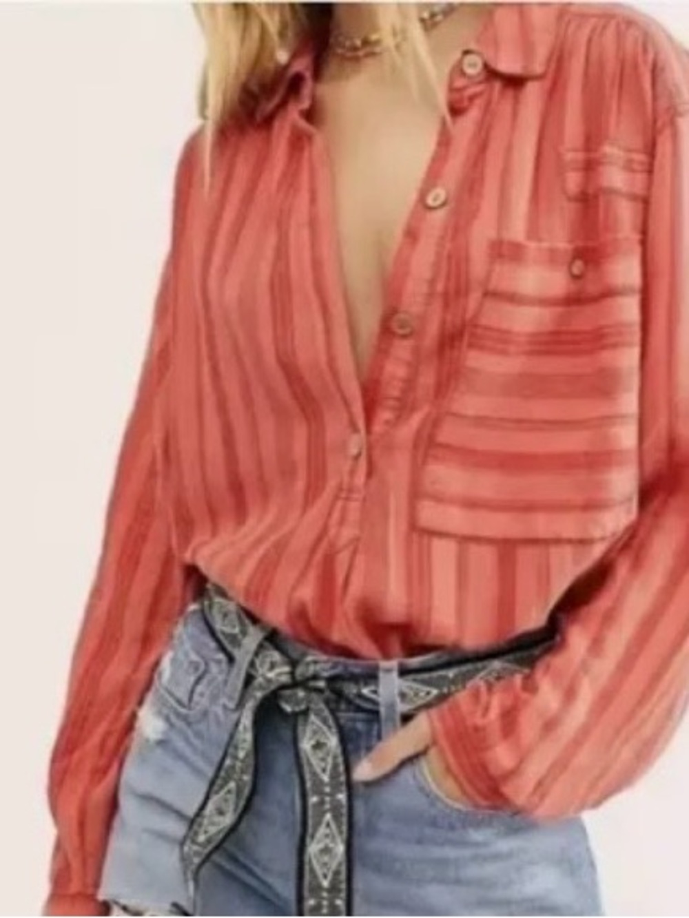We The Free Coral-Striped Button Down Shirt
